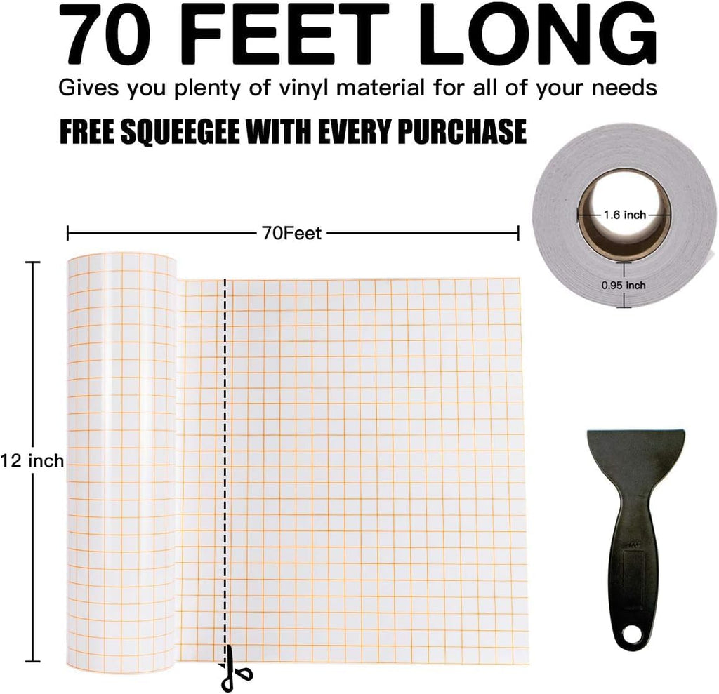 Transfer Tape for Vinyl, 12" x 70 FT, Orange Alignment Grid, Medium Tack