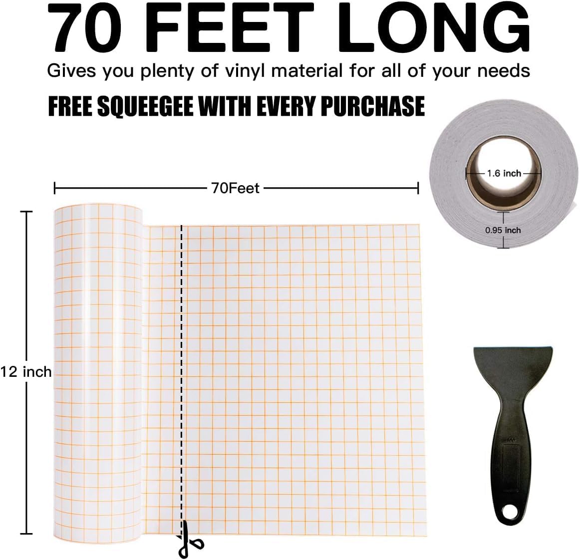 Transfer Tape for Vinyl, 12" x 70 FT, Orange Alignment Grid, Medium Tack