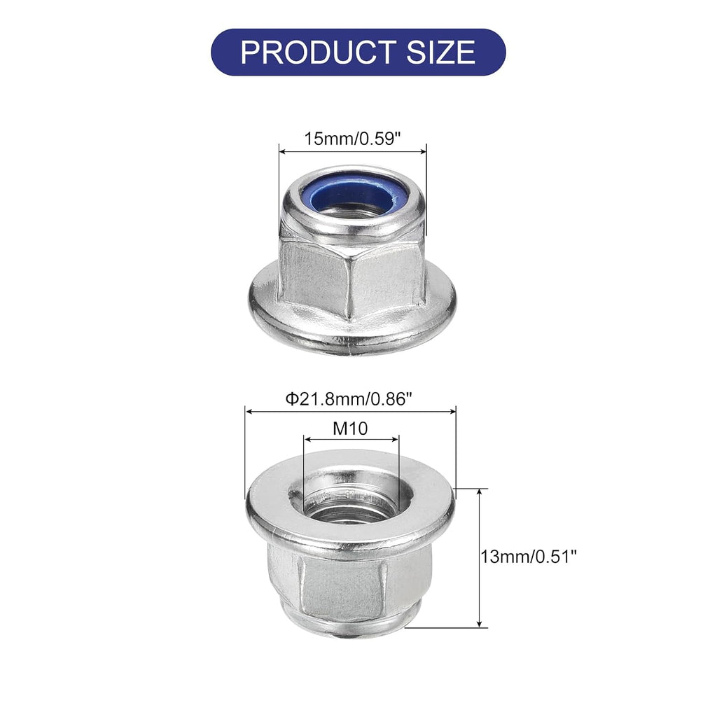 uxcell M10x1.5mm Flange Nylon Insert Lock Nuts, 12Pcs 304 Stainless Steel Metric Hex Lock Nuts Self Locking Nuts for Industrial Construction Fasteners