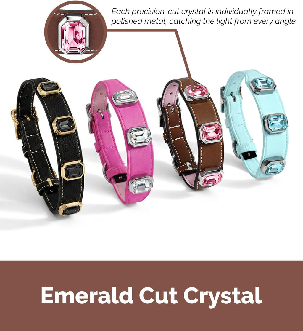 Vegan Leather Dog Collar with Emerald Cut Crystals, Caramel