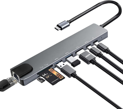 USB C Hub Multiport Adapter, 8 in 1 USBC Dongle with 4K HDMI, RJ45 Ethernet, 100W PD Charging, USB 3.0, SD/TF Card
