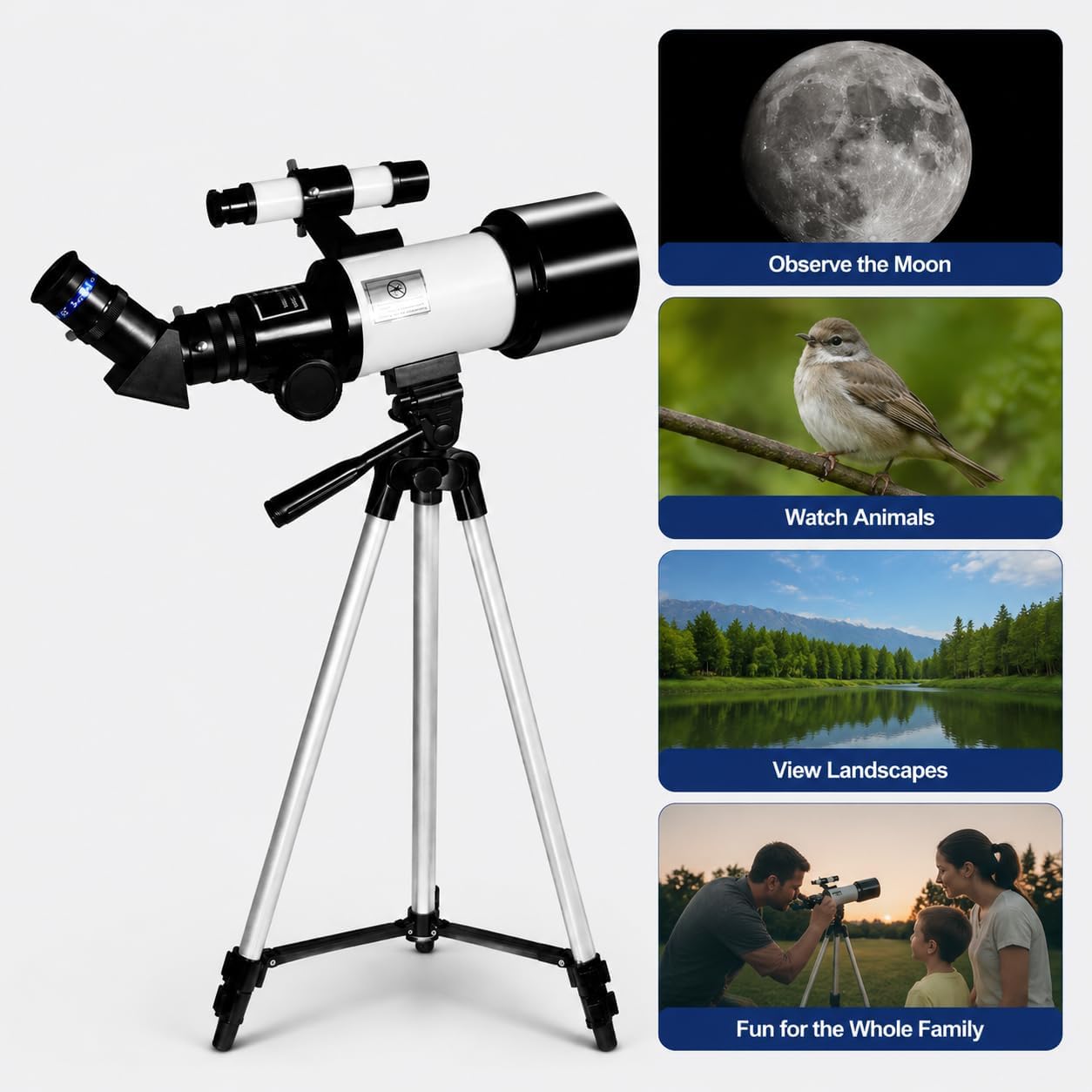 70mm 300mm Refractor Telescope, 3X Barlow, Phone Adapter | Finder Scope, Moon Filter, Adjustable Aluminum Tripod