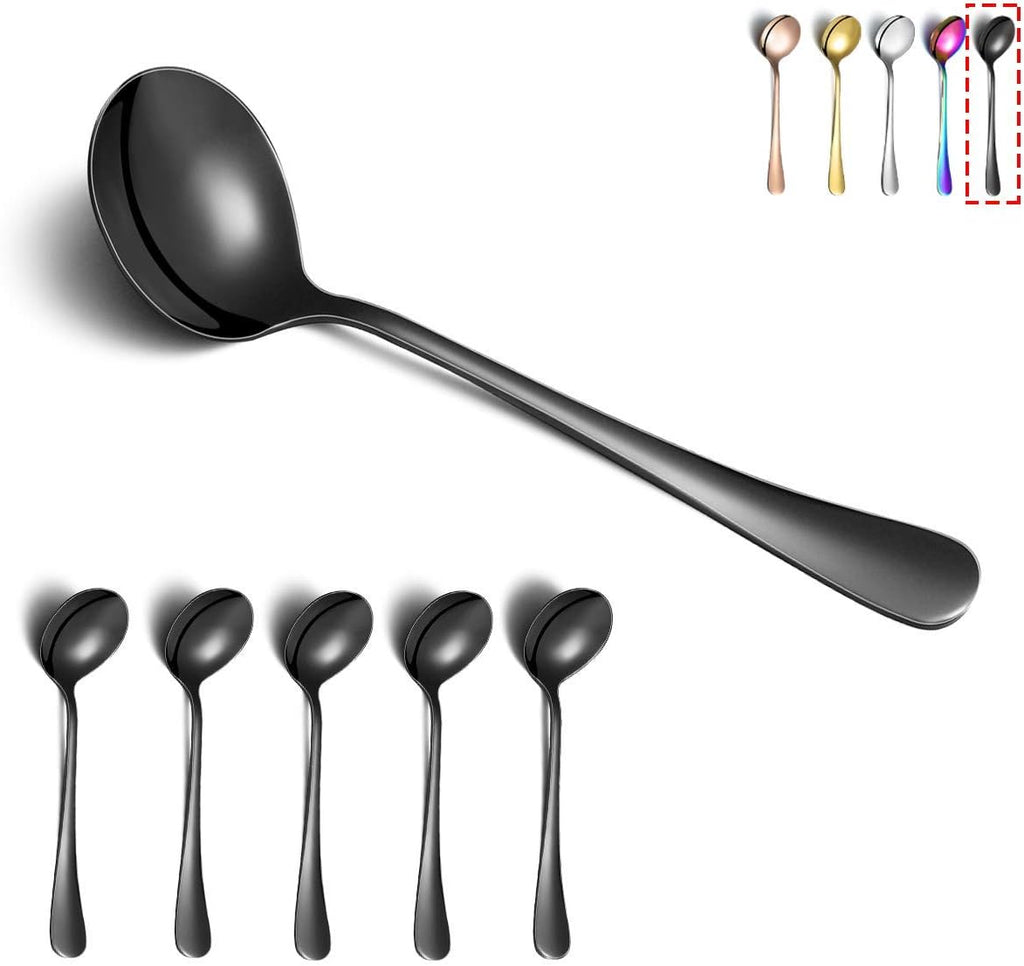 6-Piece Stainless Steel Round Spoons - Black Titanium Plated, Dishwasher Safe