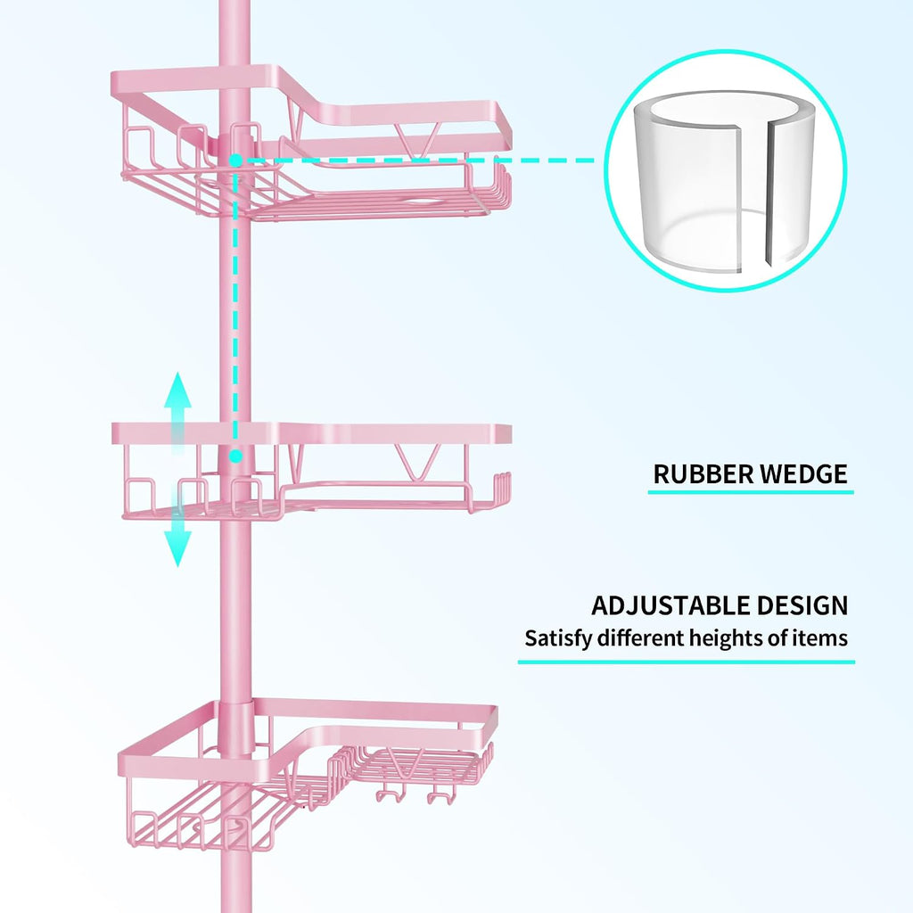 Corner Shower Caddy Tension Pole - Corner Shower Organizer Pink Cute | Bathroom Shower Shelf for Shampoo, 25–114 Inch