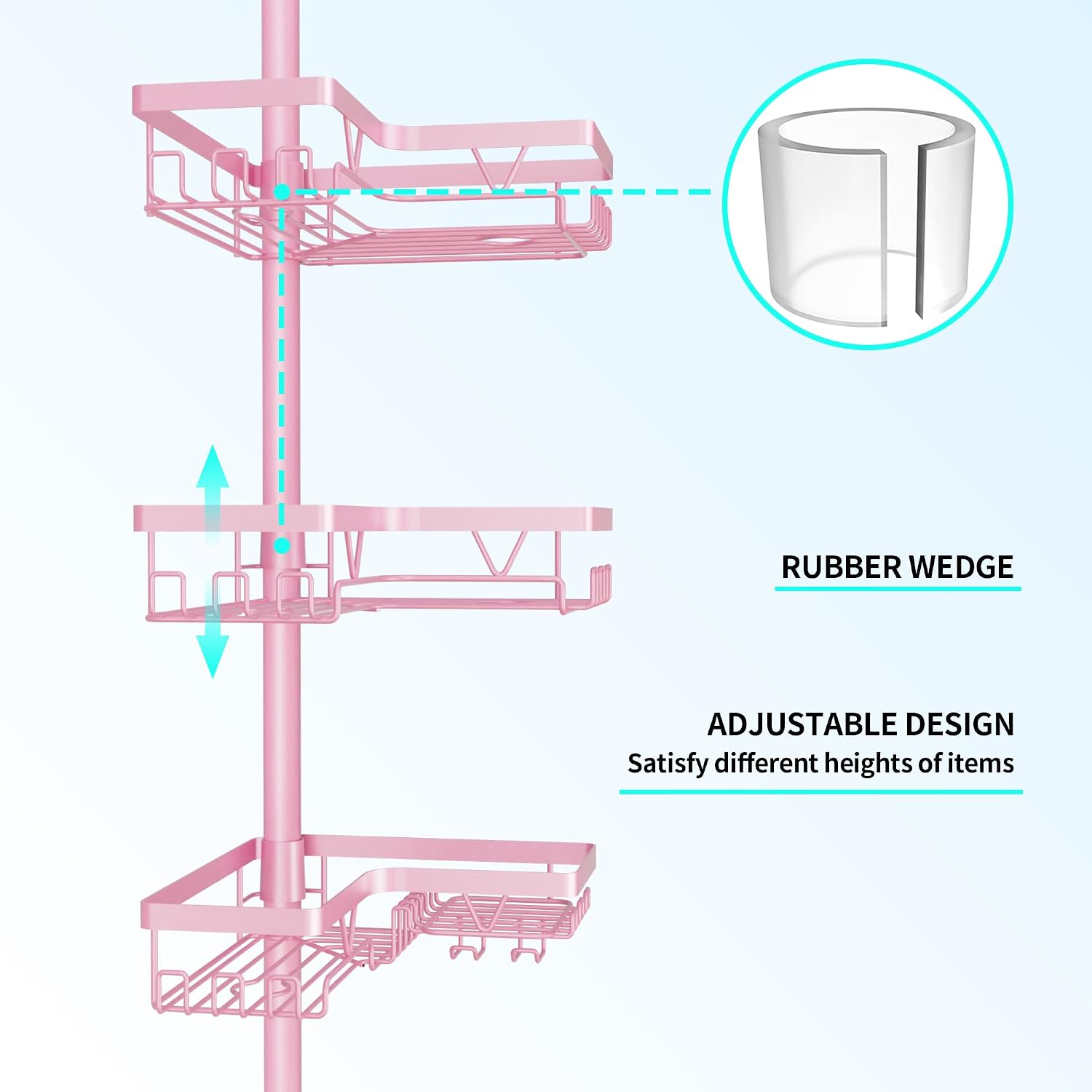Corner Shower Caddy Tension Pole - Corner Shower Organizer Pink Cute | Bathroom Shower Shelf for Shampoo, 25–114 Inch