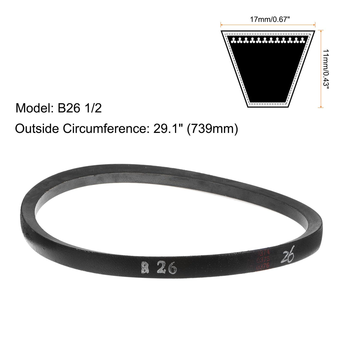uxcell B26 1/2 Rubber V Belt, B Section V-Belt 29.1" Outside Circumference x 0.67" Width x 0.43" Thick, Industrial Power Transmission Belt, Black
