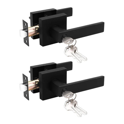 2 Pack Entry Door Lever with Lock and Key,Entrance Door Handles for Office and Front Door,Matte Black Door Knobs