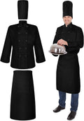 Halloween 3 Pcs Chef Unisex Costume Tall Hat Coat Bistro Apron Set Chef Jacket Coat Apron for Man(Long