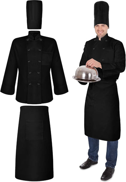 Halloween 3 Pcs Chef Unisex Costume Tall Hat Coat Bistro Apron Set Chef Jacket Coat Apron for Man(Long
