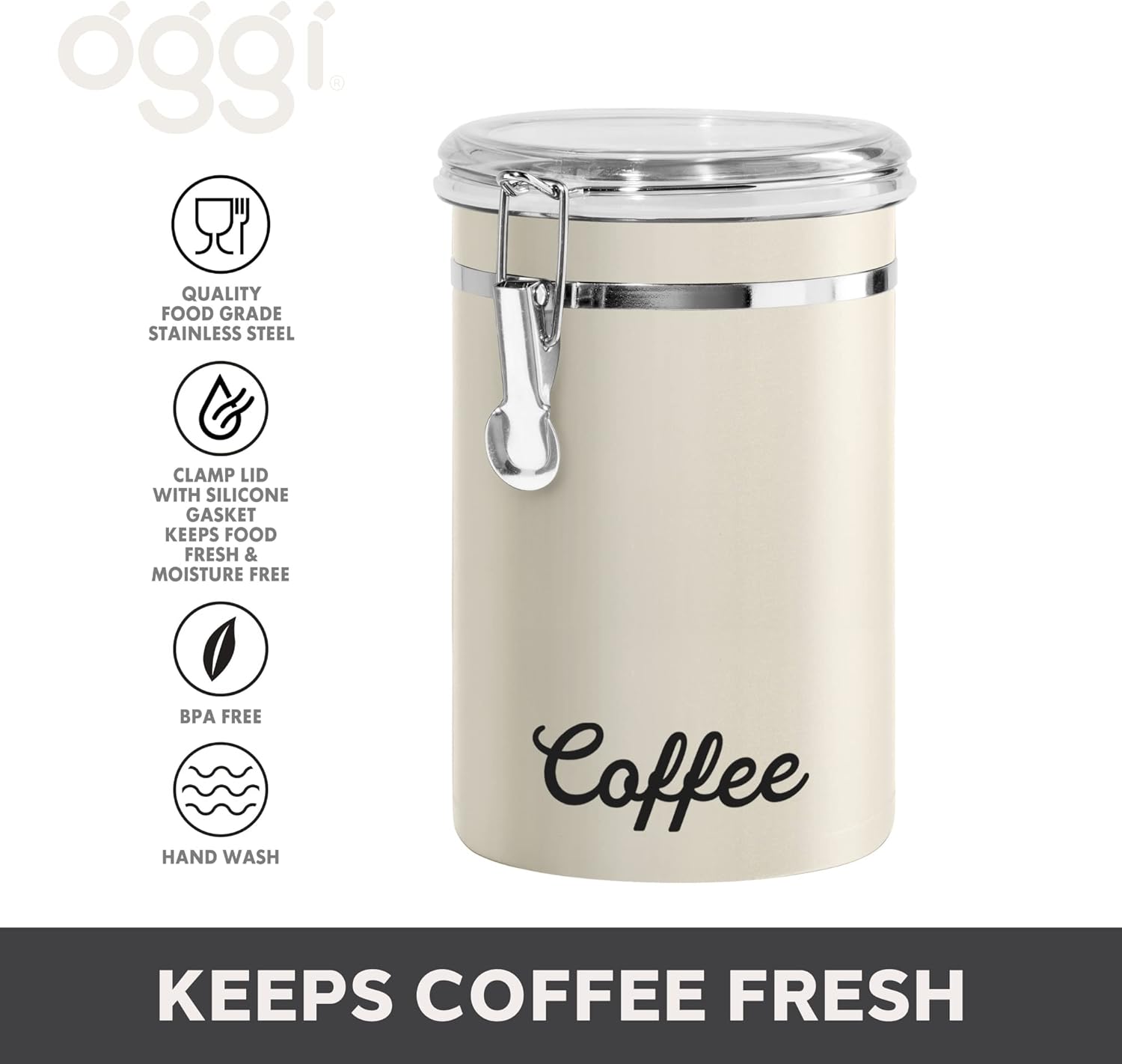 Stainless Steel Coffee Canister 62 fl oz - Airtight Clamp Lid, Warm Gray, Tinted See-Thru Top - Ideal for Coffee Bean