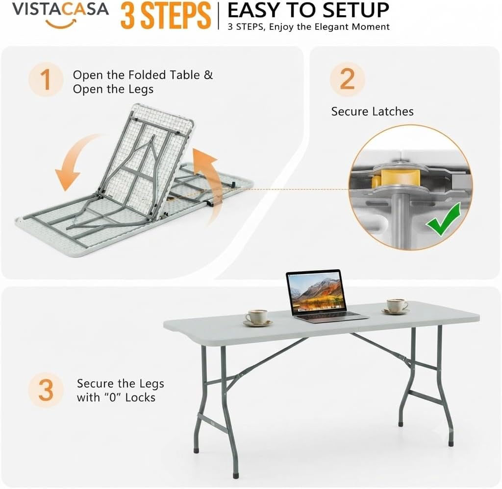 6FT Plastic Folding Table Set with 6 White Folding Chairs, Portable Heavy Duty Table and Chair Set for Picnic, Party