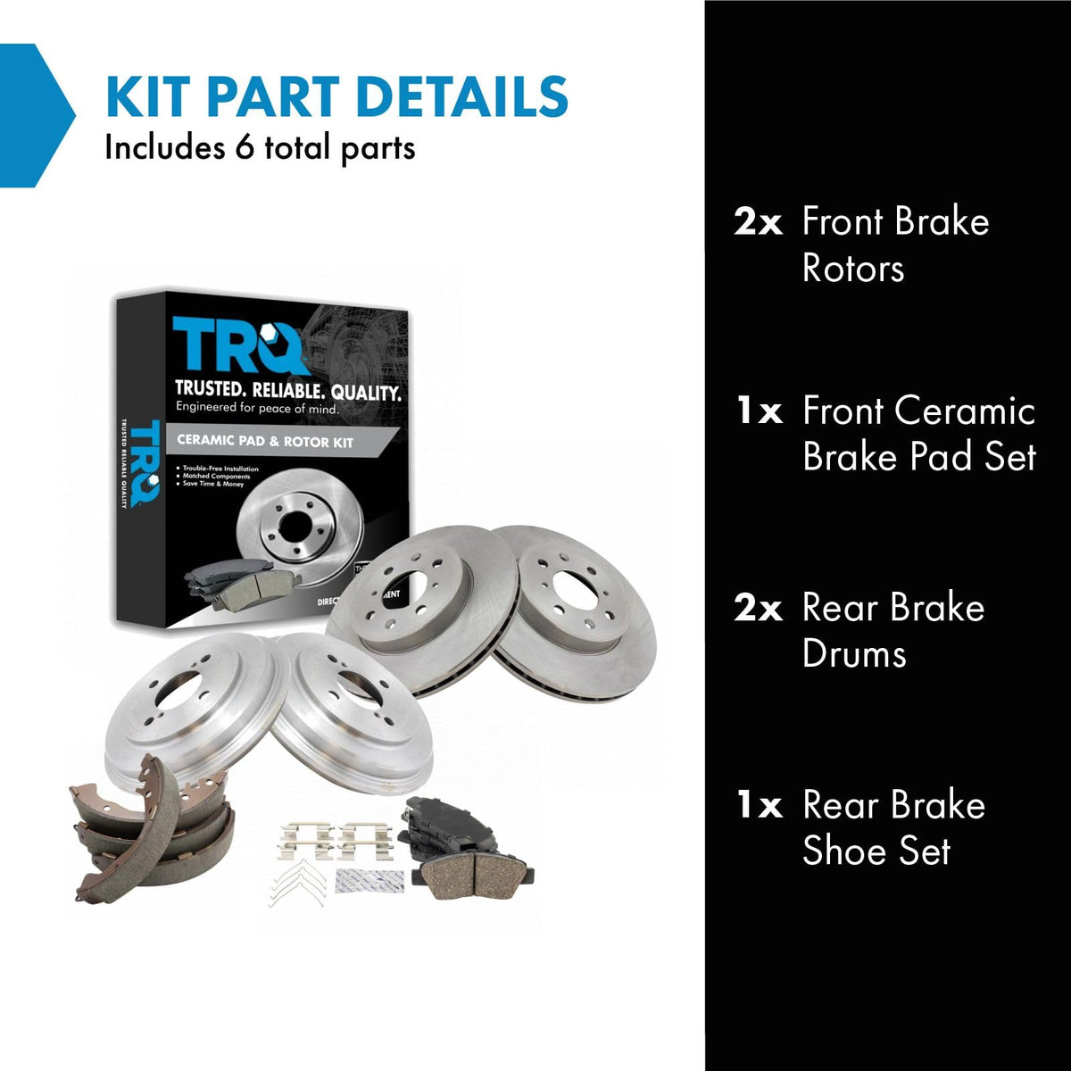 TRQ Front & Rear Ceramic Pads Rotors Drums & Brake Shoe Kit Set