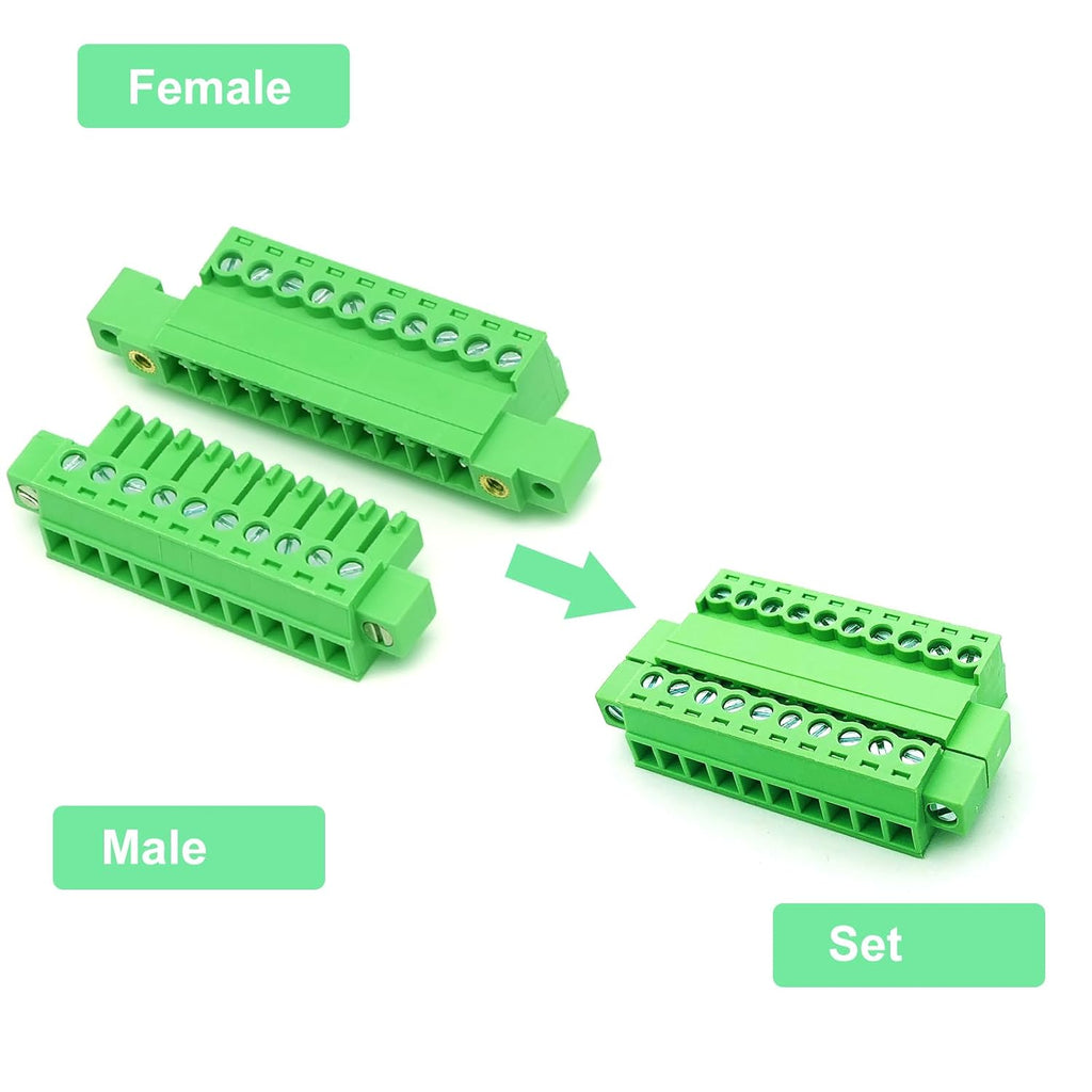 2 Set 10 Pin 3.81mm Pitch Pluggable Terminal Block with Screw Locking Flange, Male Plug and Female Socket Phoenix Type Connector - 8A, 300V, 16-28AWG