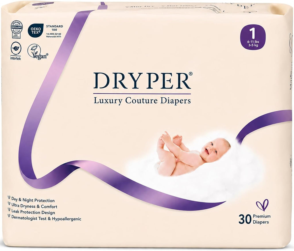 Trial Pack Baby Diapers - DRYPER Size 1 Diapers (6-11 lbs), 30 Count, Size Newborn Diapers, Hypoallergenic Disposable