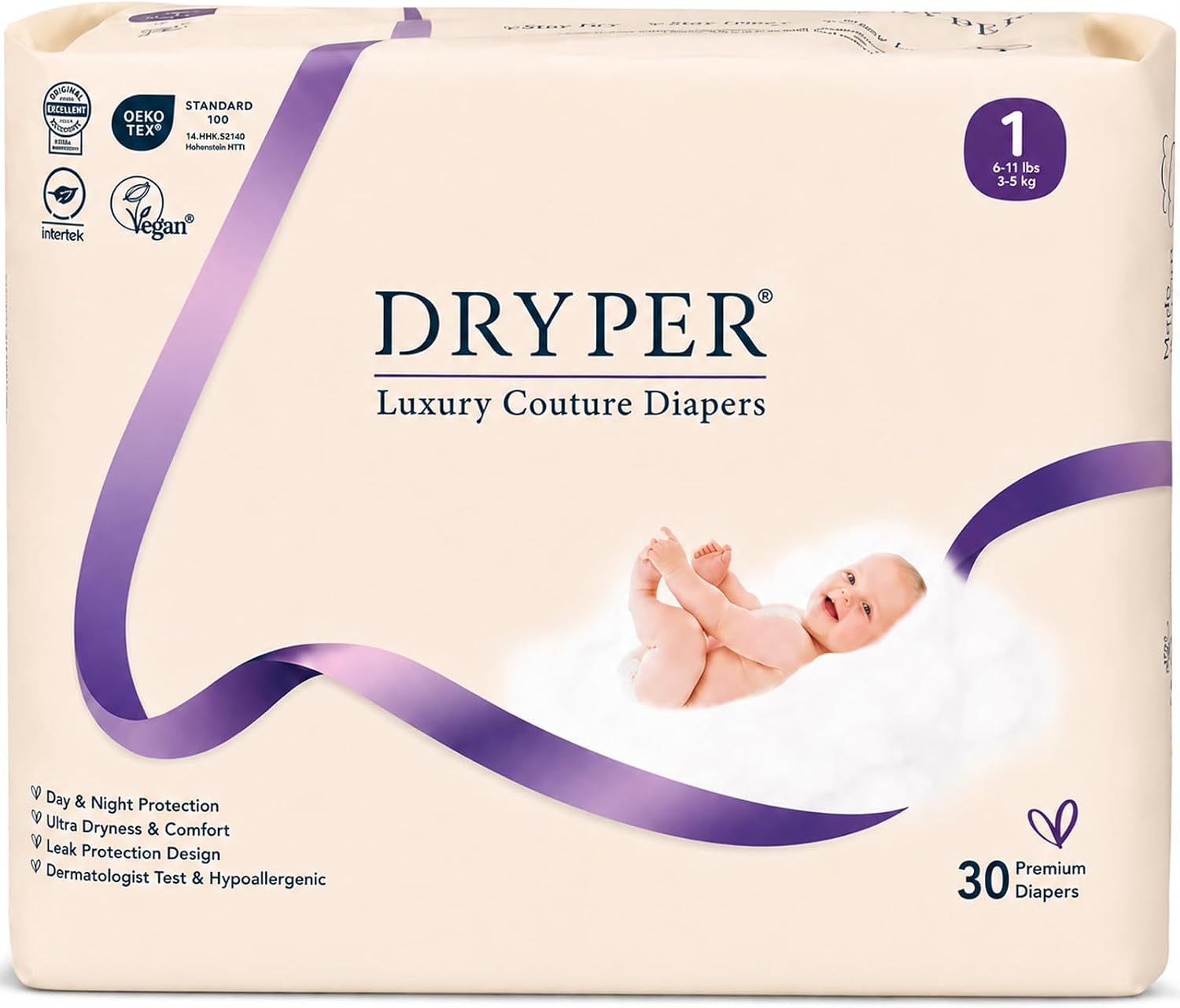 Trial Pack Baby Diapers - DRYPER Size 1 Diapers (6-11 lbs), 30 Count, Size Newborn Diapers, Hypoallergenic Disposable