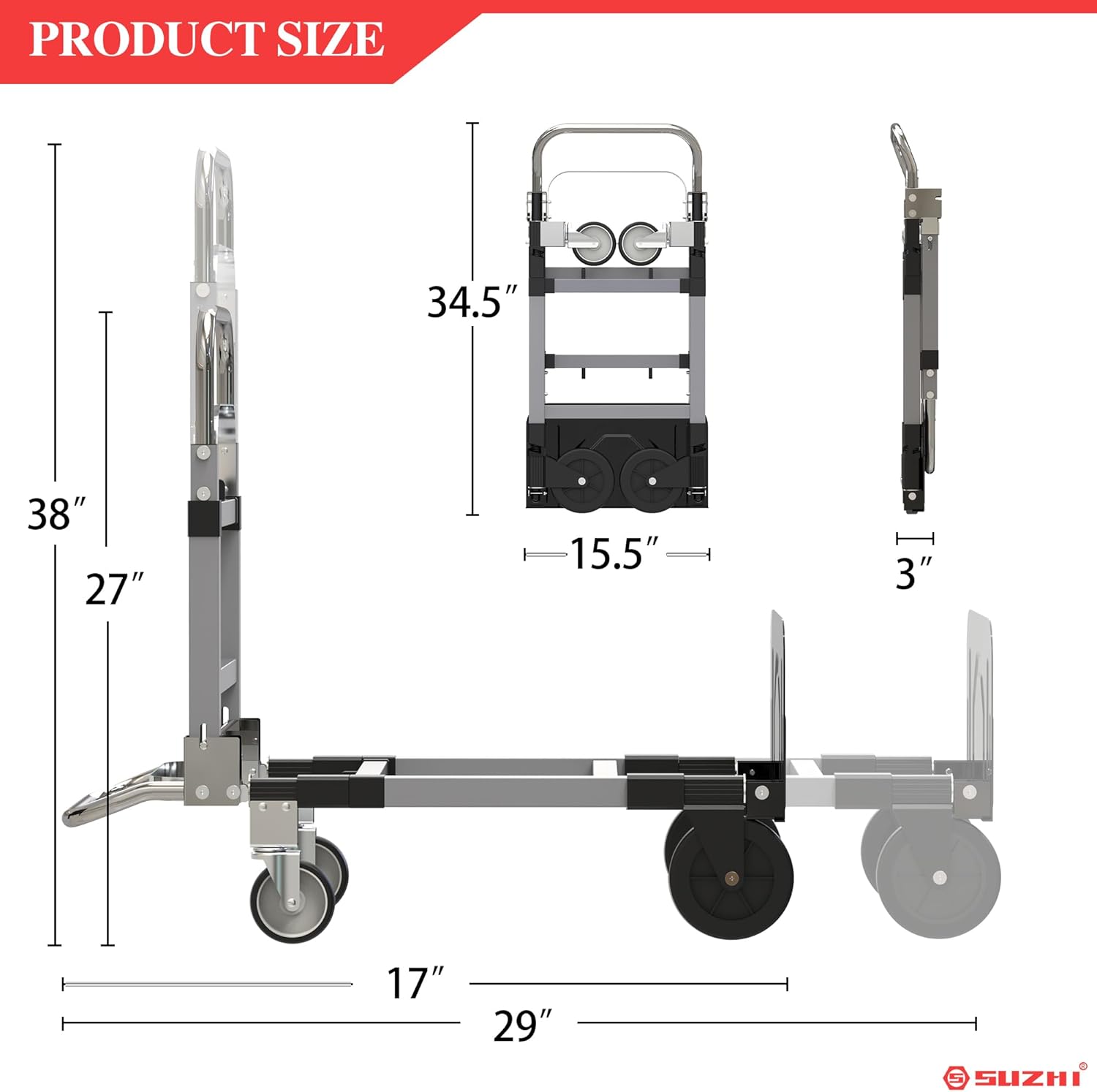 Foldable Hand Truck Moving Dolly Cart with 4 Wheels, 500 Lbs Load,2 Straps, Pre-Assembled, Save Room, Easy Folding