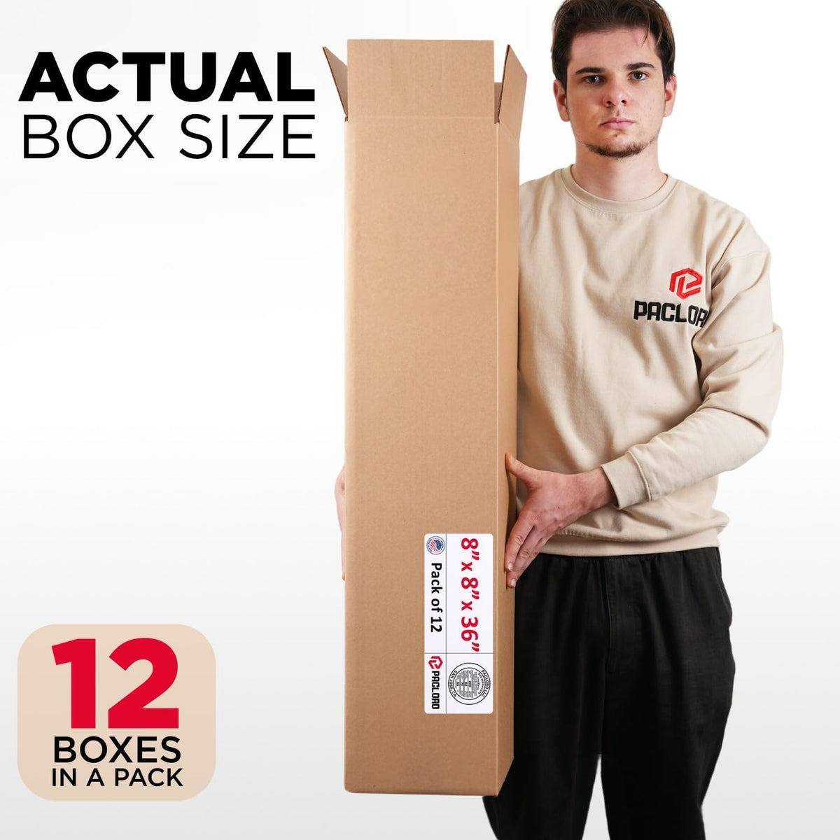 Tall Cardboard Boxes 8"L x 8"W x 36"H (Pack of 12) - USA-Made Packing Boxes for Moving, Shipping, or Storage - USPS