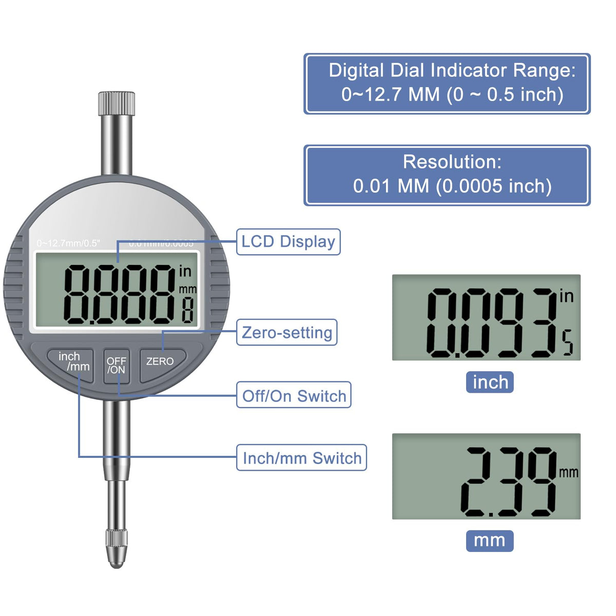 HDLNKAK Digital Dial Indicator Bore Gauges Set (2"-6"/0.0005") - Blue Case