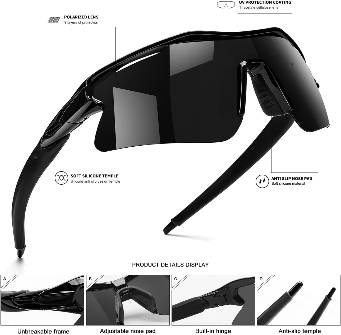 Polarized Sports Sunglasses for Men Women and Youth, UV400 Protection Ideal for Cycling Baseball Fishing Golf Running