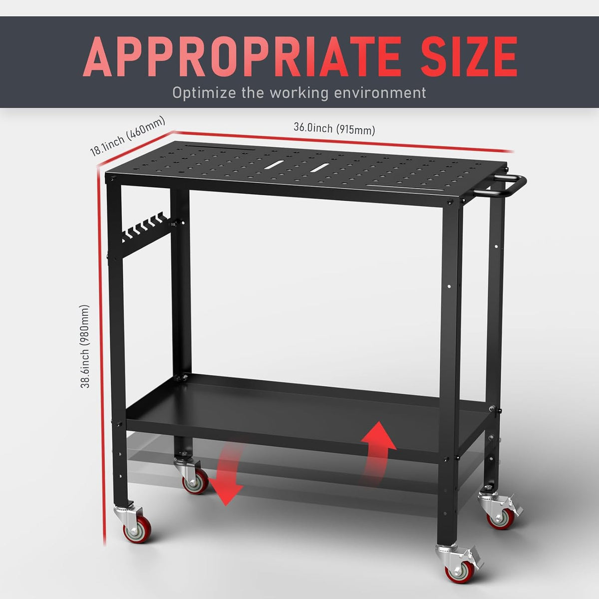 Welding Table Workbench 36x18 Inches 1200 lb Load Capacity | Hook Side Panel Handle Brake Wheels - Sturdy and