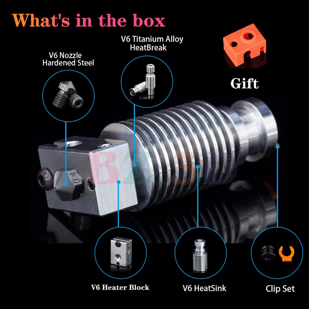 V6 All Metal Hotend,V6 Heater Block,Hardened Steel Nozzle 0.4mm,Titanium Alloy Heatbreak for V6 Hotend,Prusa i3 MK3S