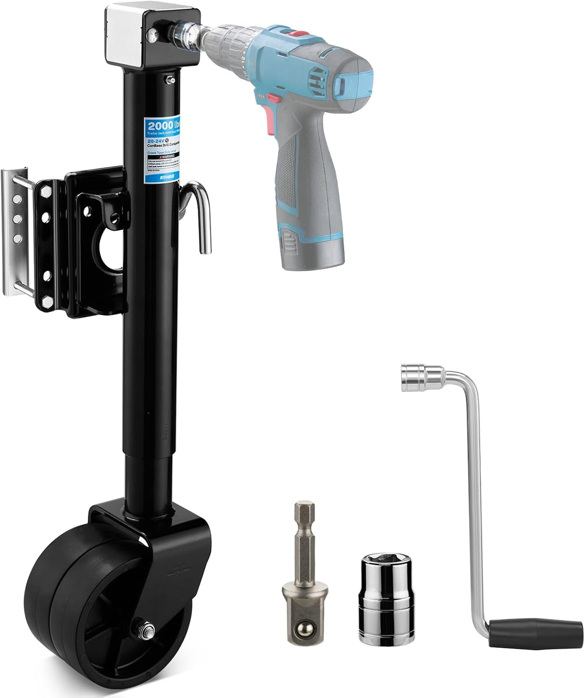 2000 lbs Trailer Jack, Dual Wheel, 20-24V Cordless Drill Compatible