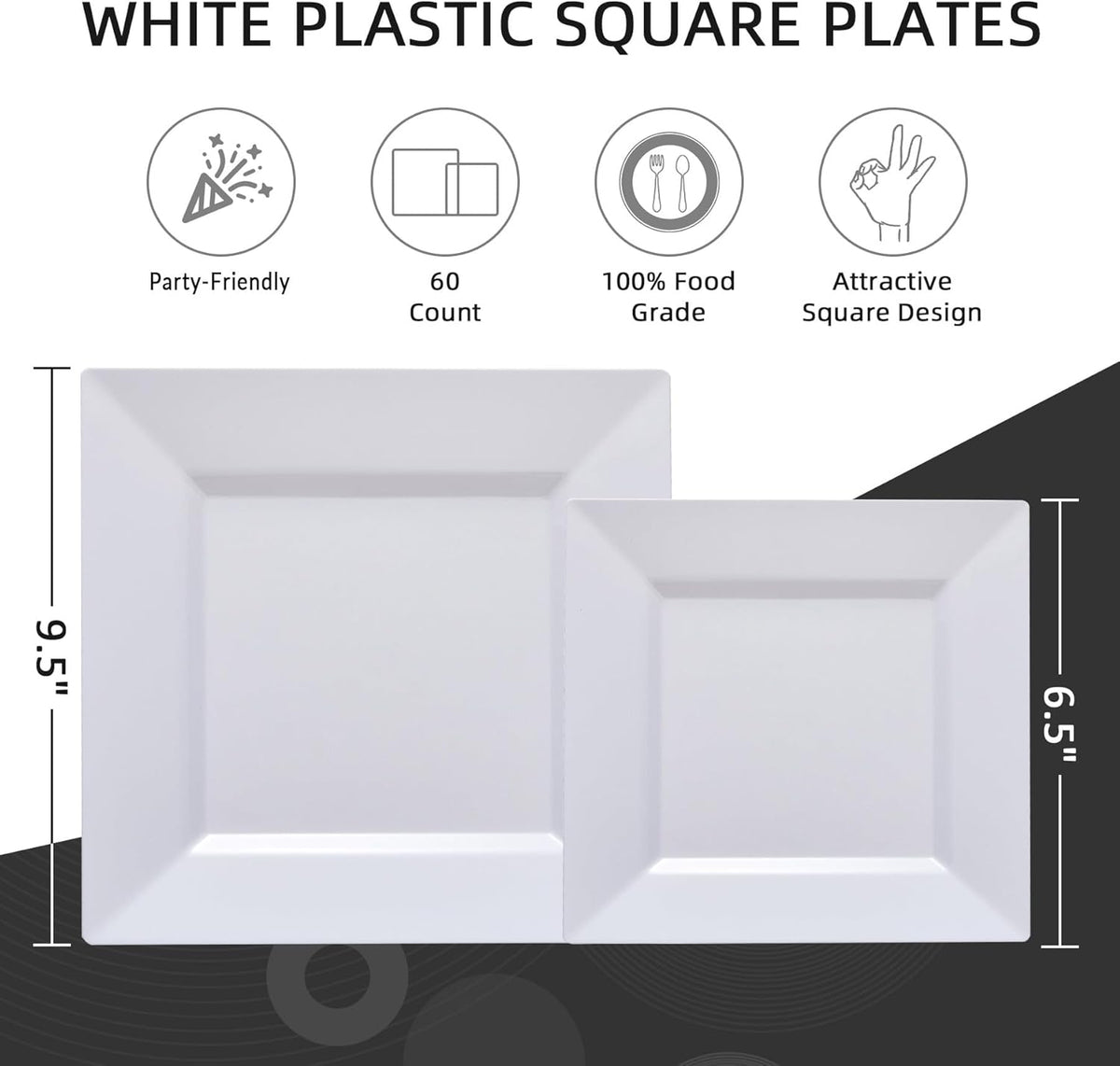 60PCS White Square Plastic Plates, Disposable Plates for Party