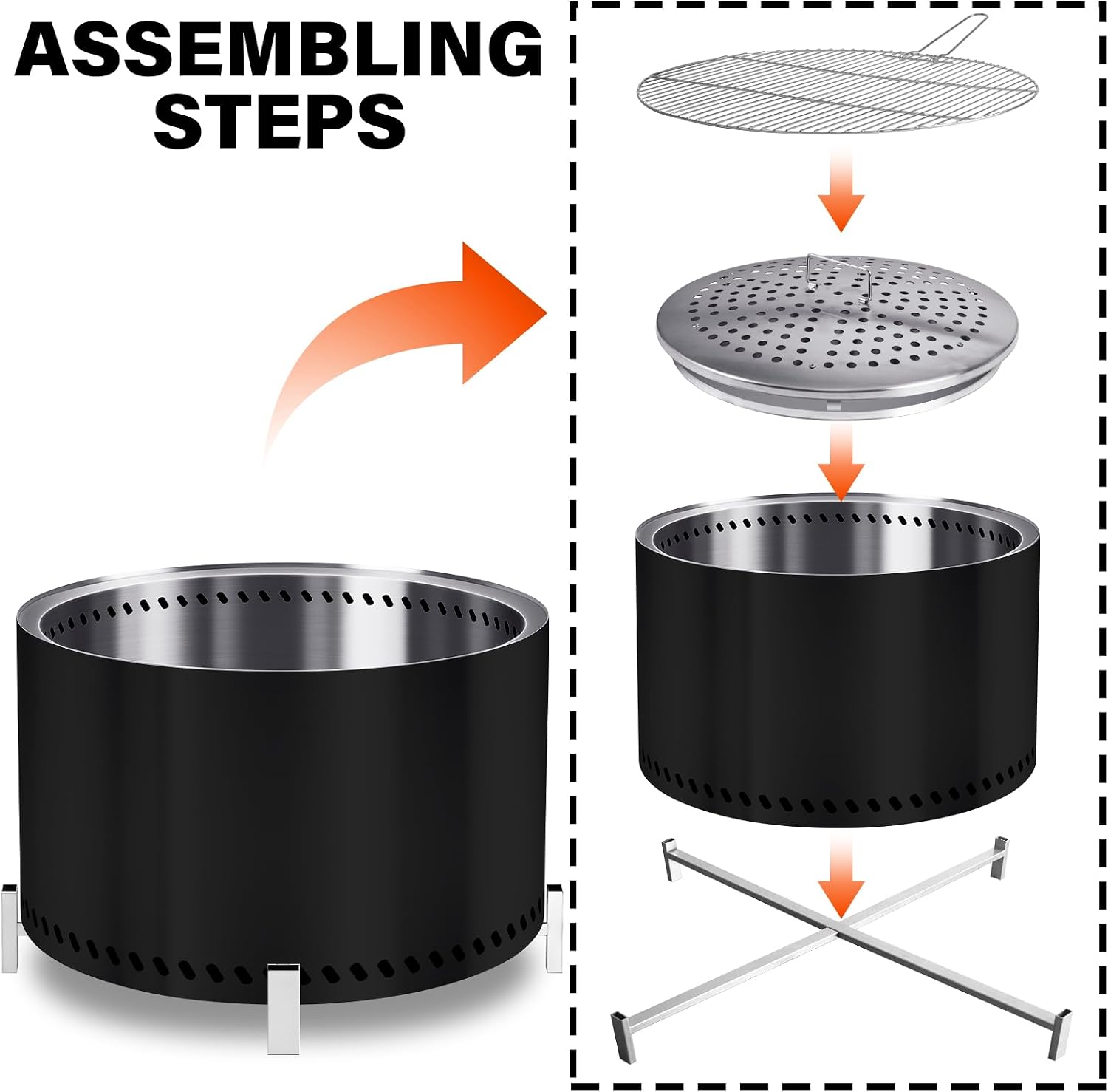 28" Smokeless Firepit with Stand & Grill Rack, Large Stainless Steel Wood Burning Fire Pit for Gatherings, Secondary