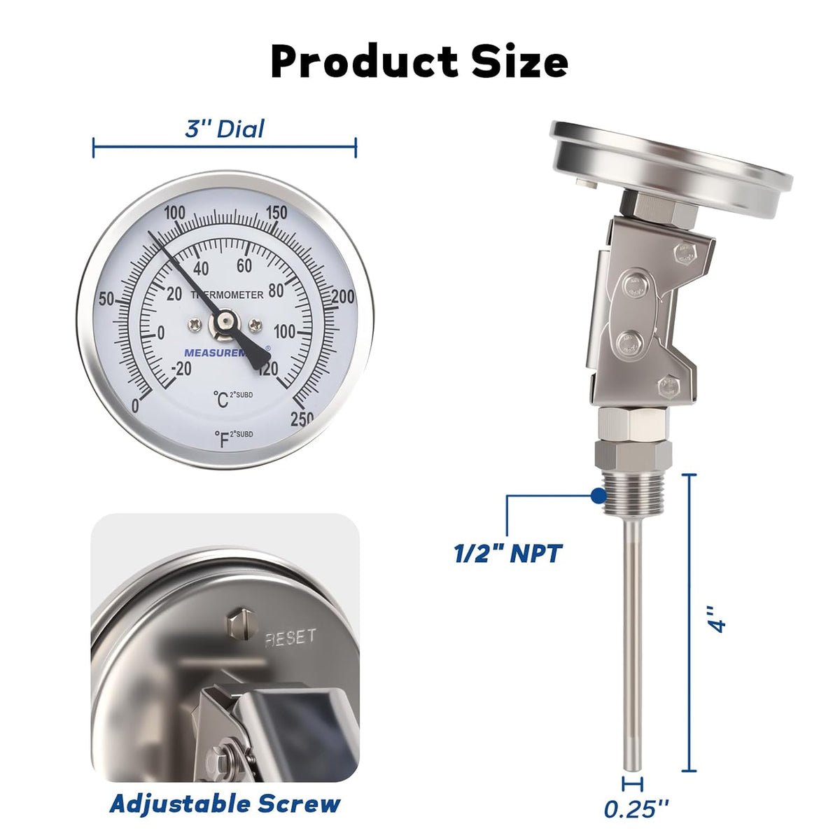 MEASUREMAN 3 Inch Multi-Angle Bimetal Thermometer, 0-250°F, 1/2" NPT