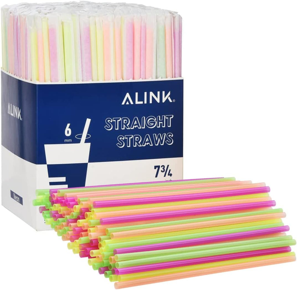 500-Pack Plastic Disposable Drinking Straws Individually Wrapped, Neon Colored Straight Party Straws - 7.75" x 0.23"