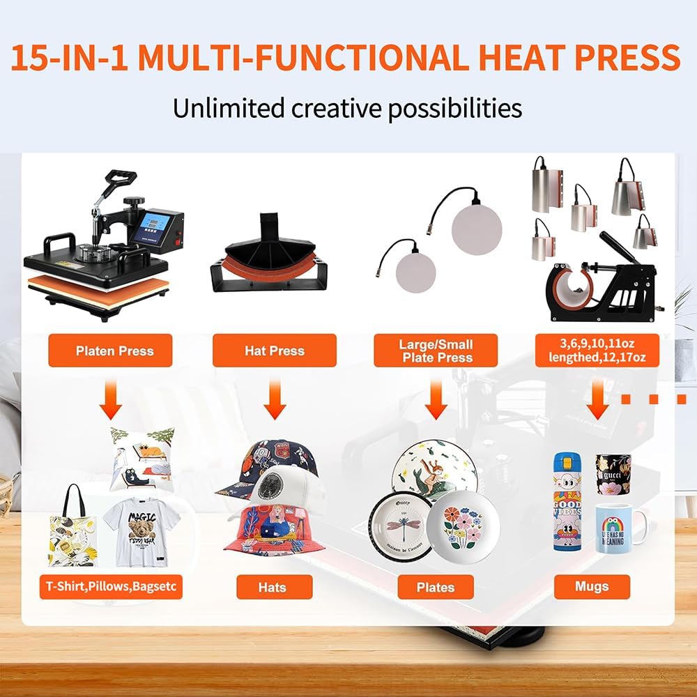 Upgraded 15 in 1 Heat Press Machine for T-Shirts,Hats,Mugs,Pens &More 12x15 Inch Heat Press 360-Degree Rotation Swing