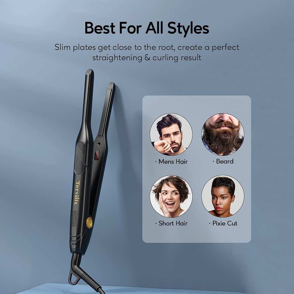Pencil Flat Iron for Edges & Short Hair, 3/10 Inch | Adjustable Temperature, Small Hair Straightener for Men, Ceramic