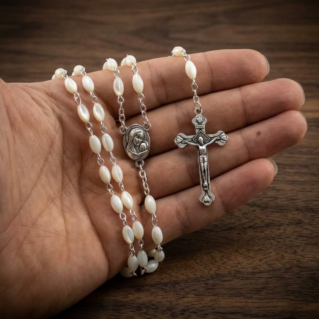 Nazareth Store Mother of Pearl Catholic Rosary Necklace with 6-7mm Nacre Beads Jerusalem Holy Soil Medal Oxidized
