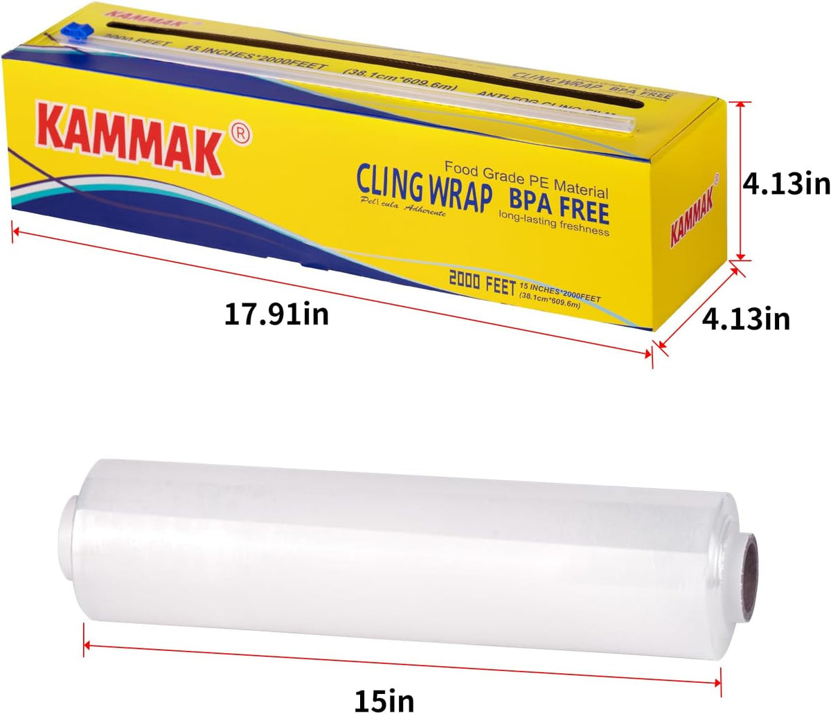 Plastic Wrap Food Cling Wrap with Slide Cutter 15 inch Restaurant Cling Film 2000 Ft Bulk Roll Refillable Food