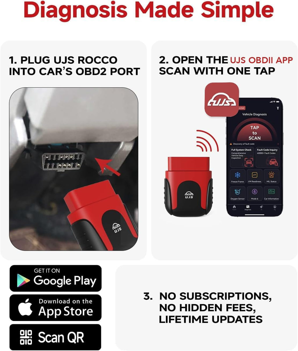 Rocco OBD2 Scanner Bluetooth for iOS Android, AI Diagnostic Tool for Car Buying Repair, No Subscription Fee, AutoVIN