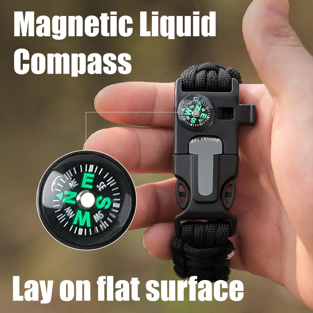 550 Paracord Survival Bracelet with Magnetic Liquid Compass, Ferro Rod Fire Starter, Scraper Tool and Emergency