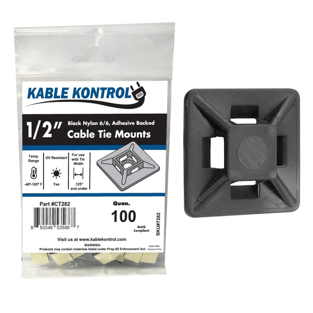 Kable Kontrol Zip Tie Mounts, 1/2” Black, 100 Pcs Adhesive Backed