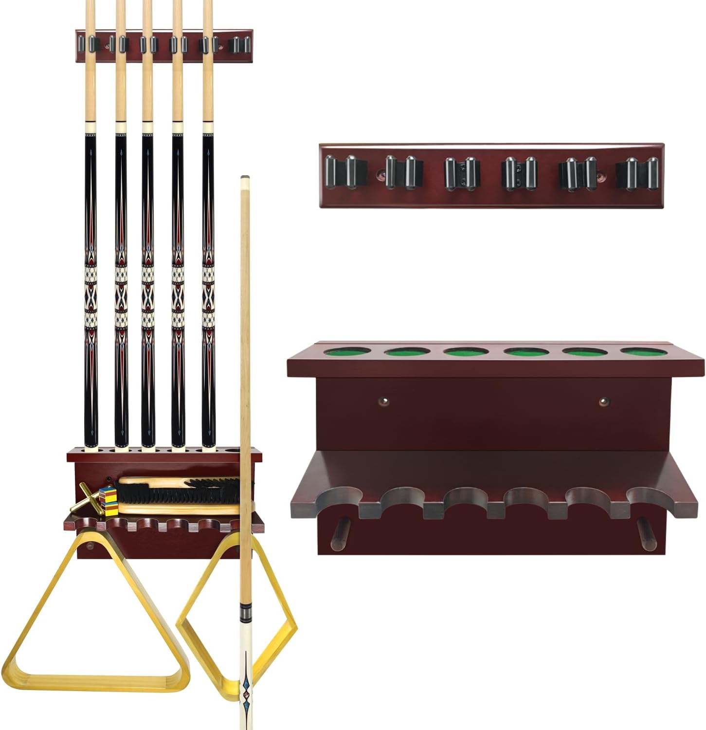 Hardwood Billiards Pool Cue Rack - Wall Mount Holder for 6 Cues, Sticks Storage and Table Accessories Organizer