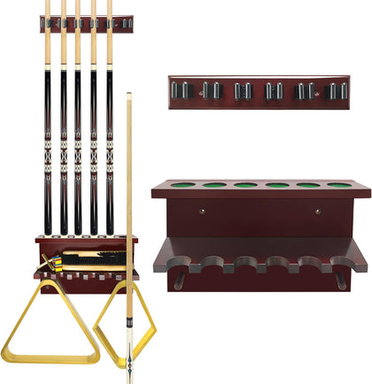 Hardwood Billiards Pool Cue Rack - Wall Mount Holder for 6 Cues, Sticks Storage and Table Accessories Organizer
