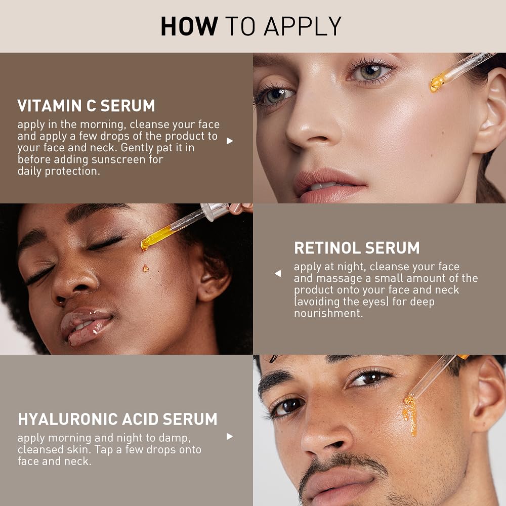 Facial Serum Set - Includes Vitamin C, Retinol & Hyaluronic Acid - Improve Skin Texture, Glow & Hydration - Day and