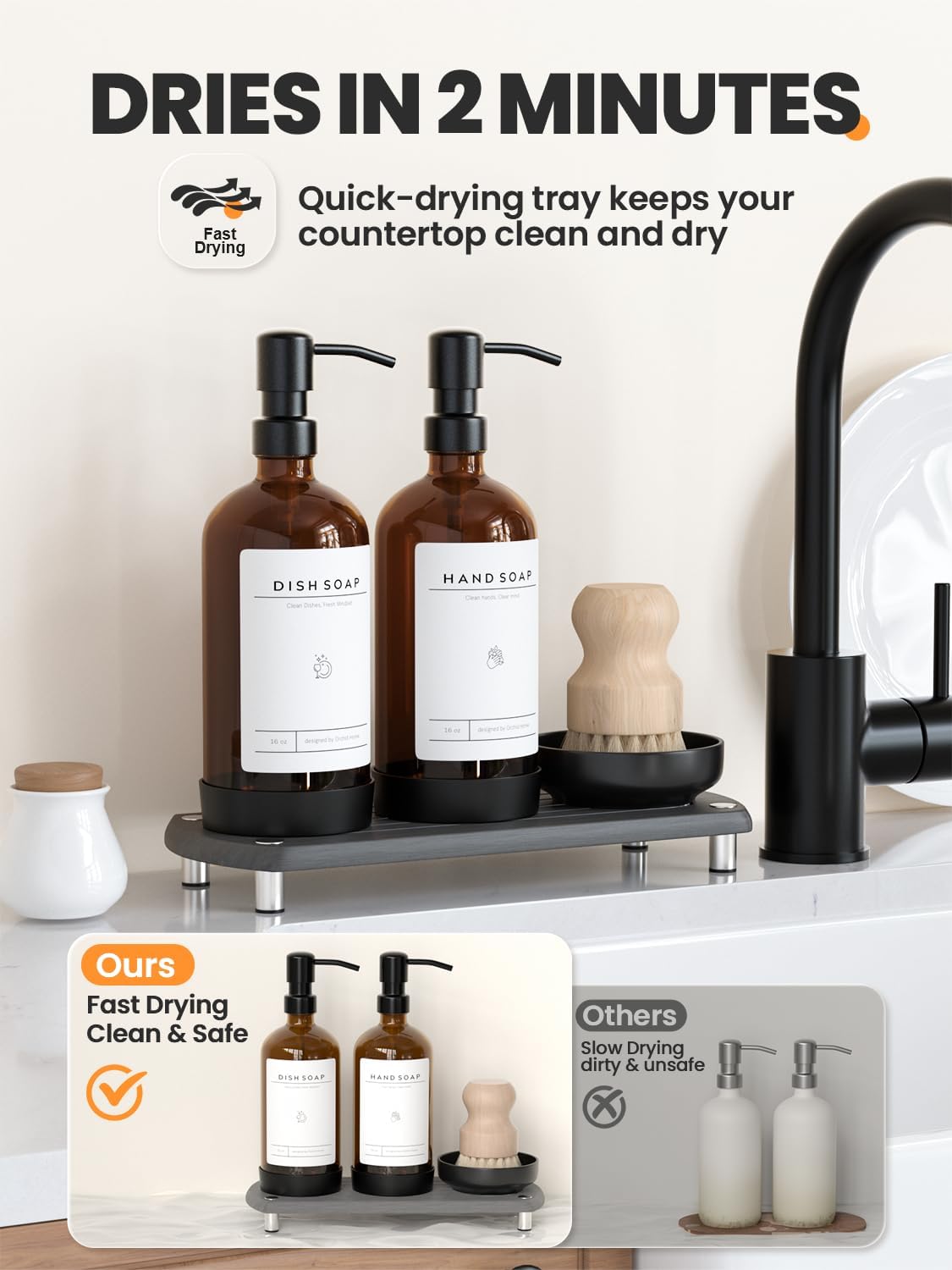 [Luxury] Kitchen Soap Dispenser Set - 16OZ Amber Glass Bottle, Stainless Steel Pump, Instant Dry Tray, Waterproof