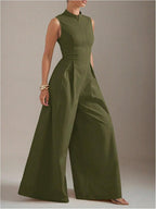 Women's Summer Zipper Front Mock Neck Wide Leg Elegant Jumpsuit