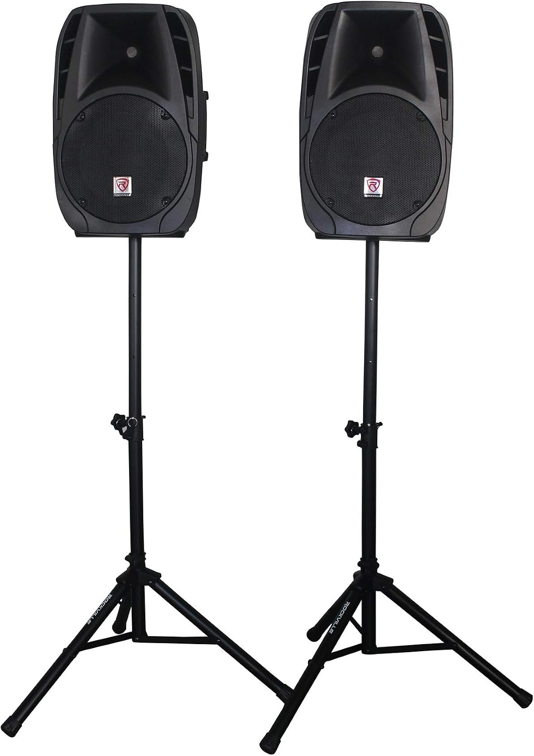 RPG2X12 Bundle: (2) 12-inch 1400W Passive DJ PA Speakers with Stands and Microphones, 8 Channel 1400W Powered Mixer
