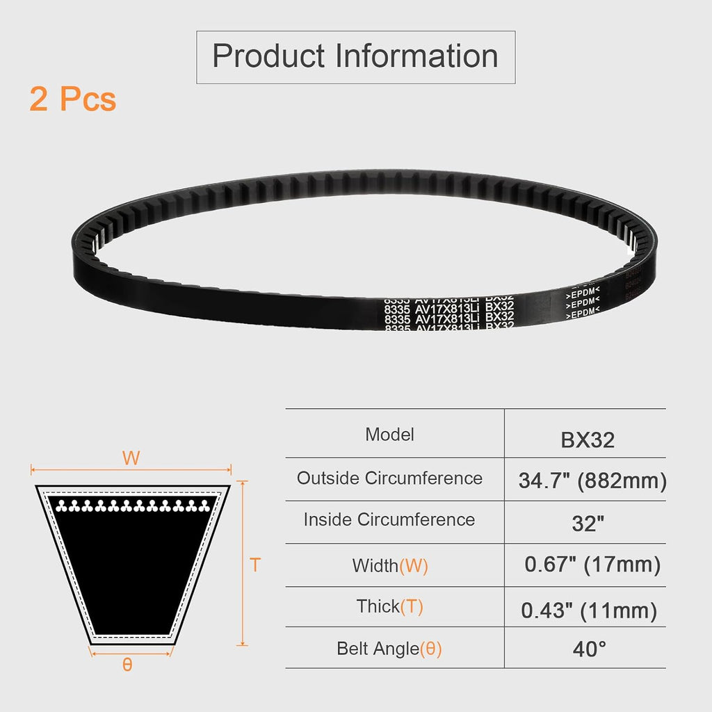 uxcell 2 Pcs BX32 EPDM V-Belt, Raw Edge Cogged Industrial Rubber V Belt 0.67" Width x 32" Inside Circumference