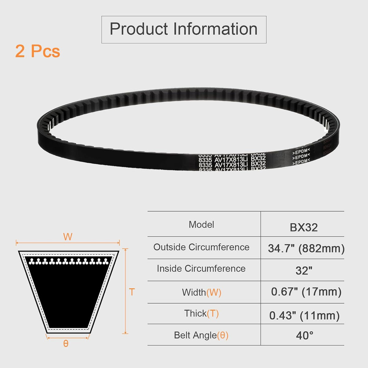 uxcell 2 Pcs BX32 EPDM V-Belt, Raw Edge Cogged Industrial Rubber V Belt 0.67" Width x 32" Inside Circumference