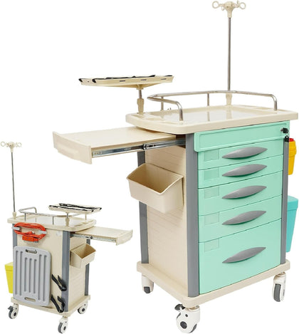 Medical Rolling Crash Cart with Drawers, Rolling Medical Cart, Adjustable IV Pole, CPR Board, O2 Holder, Trash Bin