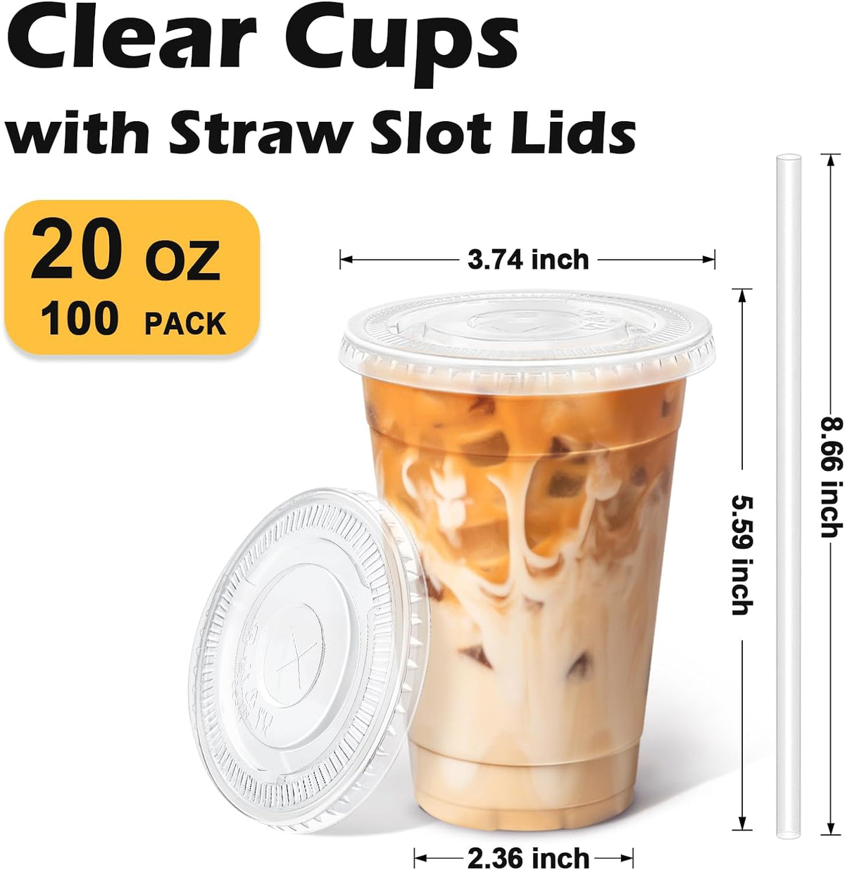 20 oz 100 Pack Clear Plastic Iced Coffee Cups with Lids Disposable