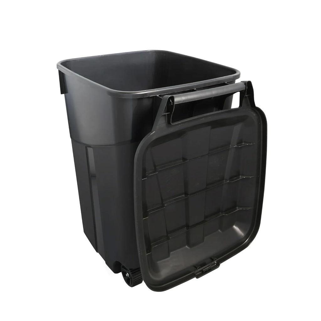 45 Gallon Heavy Duty Wheeled Trash Can with Attached Lid, Large Rolling Garbage Bin, Outdoor/Indoor Use, Black