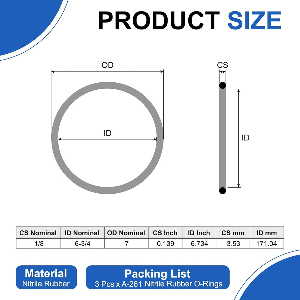 uxcell 3Pcs AS-261 Nitrile Rubber O-Rings 6-3/4" ID 7" OD 1/8" W
