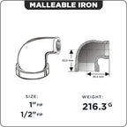 Supply Giant CNSM1002 1" x 1/2" Reducing Malleable Iron Elbow for High Pressures with Female Thread Fittings and Black Finish